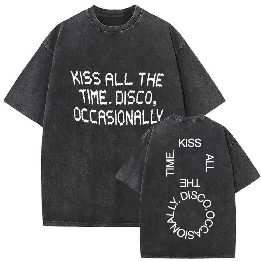 Kiss All The Time Disco Occasionally Album Vintage Washed Tshirts Men Women Clothing Fashion Hip Hop Short Sleeves T Shirt