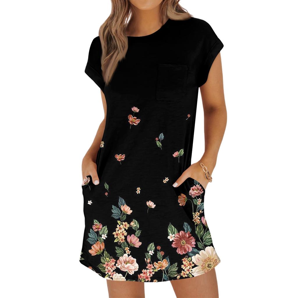Женская мода повседневная летняя винтажная цветочная печать короткий рукав круглый вырез свободное платье с карманами