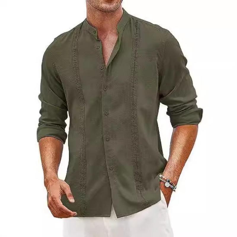 Men's Casual Button Summer Beach Vacation Cotton Linen Stand Up Collar Shirt