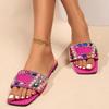 Модные женские модные шлепанцы на плоской подошве на лето, новые квадратные, неглубокие, с бриллиантовой вышивкой, на мягкой подошве, противоскользящие и износостойкие шлепанцы.