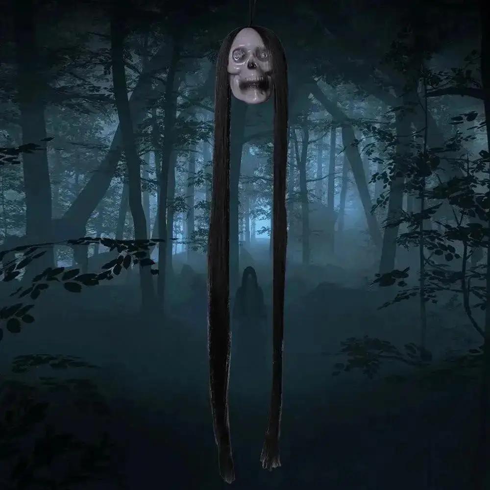 Хэллоуин Подвесной Призрак Голова Скелета с Длинными Волосами Красный Мигающий Глаз Ужас Фото Реквизит Для Дома Сада Уличного Украшения Вечеринки