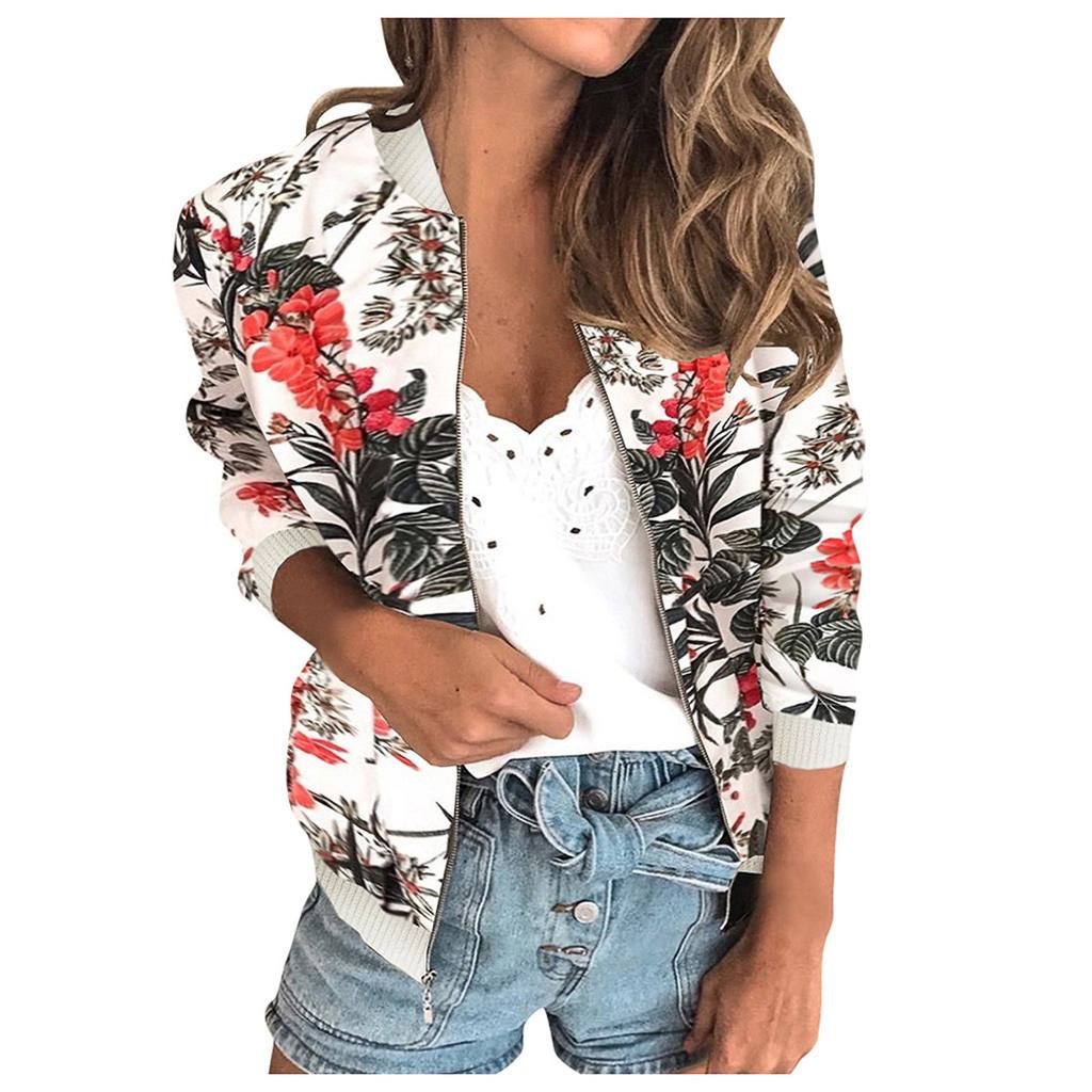 Womens Ladies Retro Floral Zipper Up Jacket Casual Coat Outwear