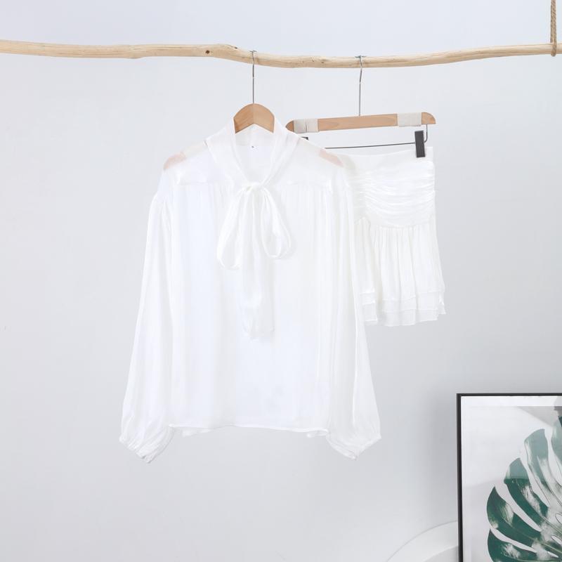 Шикарный бант-топ юбка костюмы женские шнуровка О-образный вырез рукав фонарь блузки высокая талия милая плиссированная юбка весна новый комплект из 2 предметов