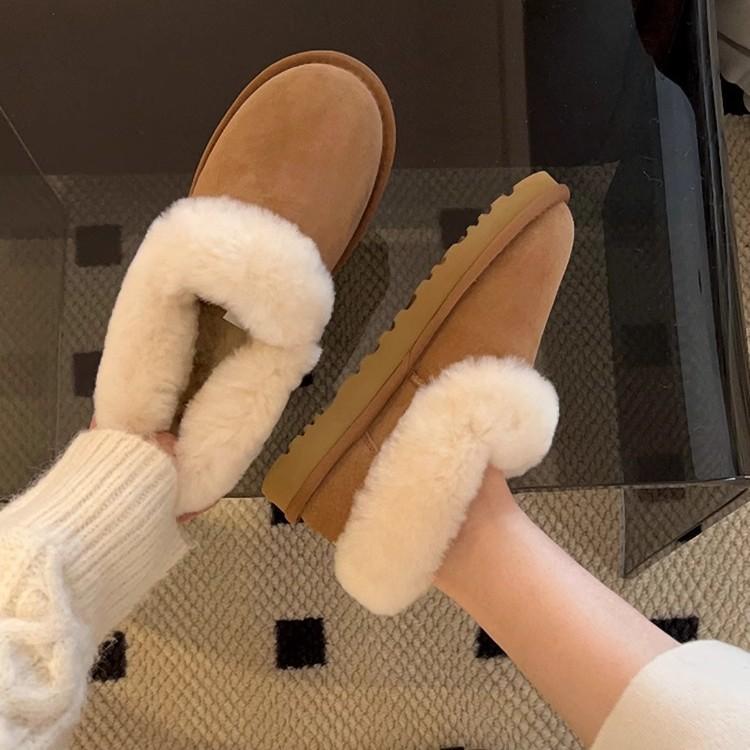 Версия из мягкой кожи~ зимние ботинки на толстой подошве с низким верхом, женские, с цельным мехом, новинка 2024 года, пушистые зимние хлопковые туфли на одной педали