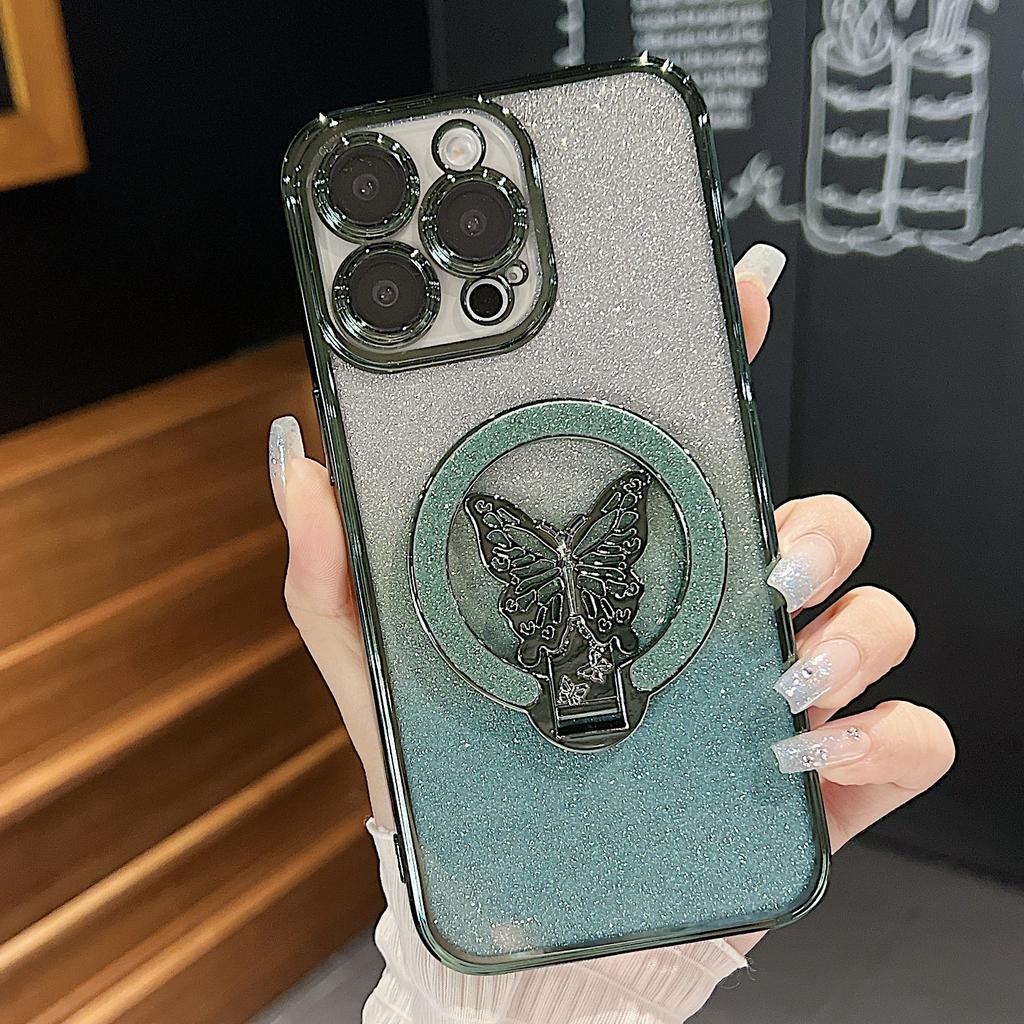 Для Apple 16 Чехол для телефона с кронштейном-бабочкой для IPhone 15 Promax Зеркальный с гальваническим покрытием Градиентный Блестящая пудра 14 Жесткий чехол