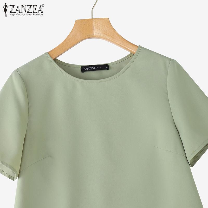 ZANZEA Женская повседневная футболка с круглым вырезом, однотонная, с короткими рукавами