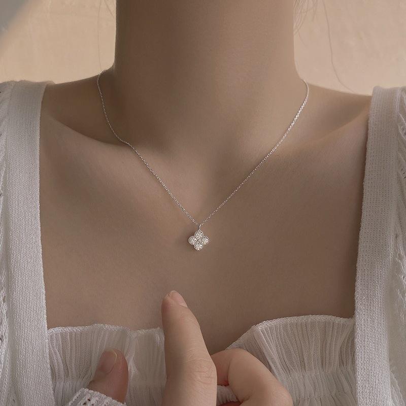 925 Silver Clover Necklace for Women , French Style , Diamond & Zircon Inlay , Elegant Daily Wear , Party Jewelry