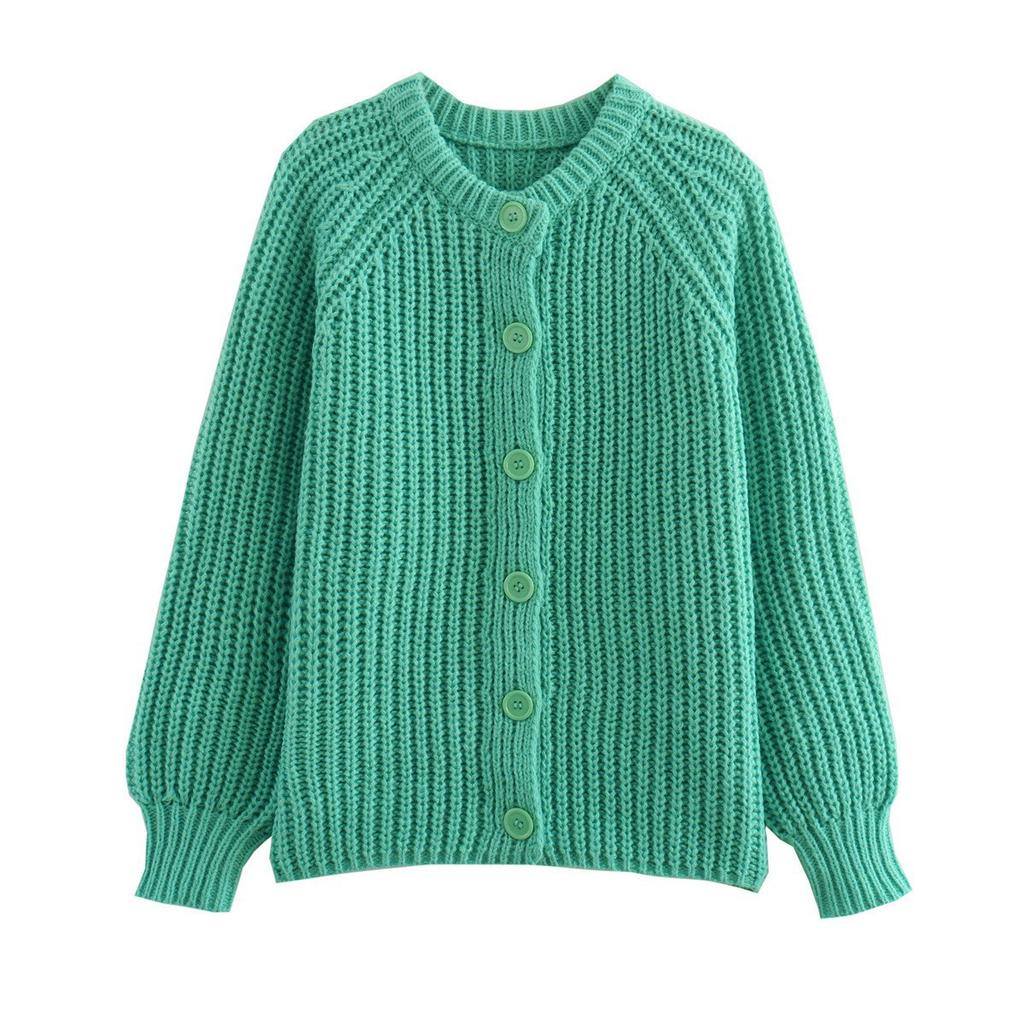 Women's Solid Color Round Neck Loose Simple Knitted Cardigan Top Long-Sleeved Sweater