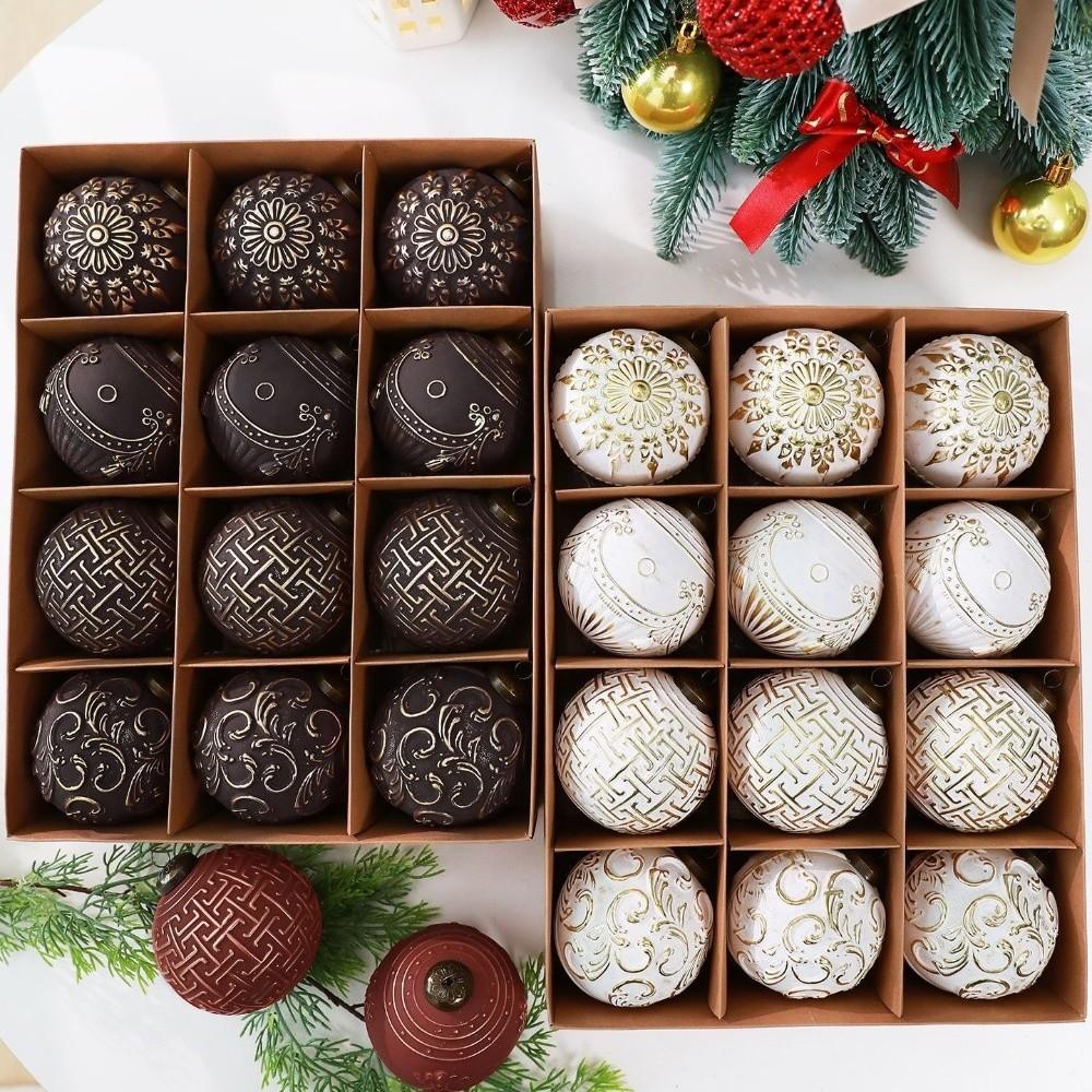 12PCS Painted Pattern Christmas Ball Set Plastic Xmas Baubles Retro Xmas Ornament Ball Party