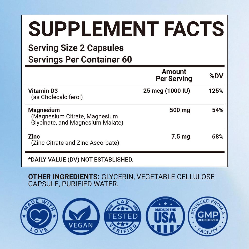 High-purity magnesium glycine capsules, 500mg, vitamin D3, zinc complex formula, protects bone and joint health.