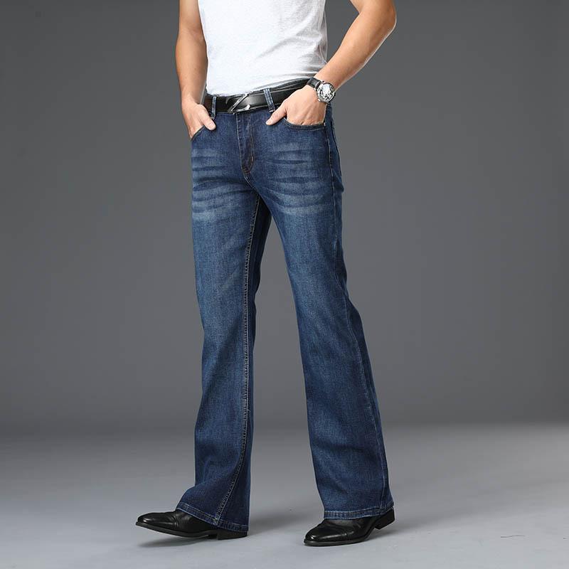 Mens Flared Jeans Boot Cut Leg Flared Male Designer Classic Denim Jeans High Waist Stretch Loose Flared Denim Dark Blue Jeans