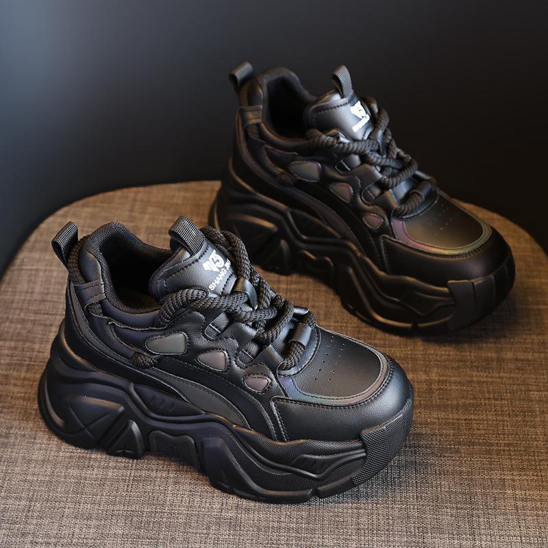 Кожаные туфли на платформе-маффине, папины кроссовки, женские, осенние, новинка, с круглым носком, на шнуровке, с скрытым каблуком, женская обувь, универсальные спортивные туфли