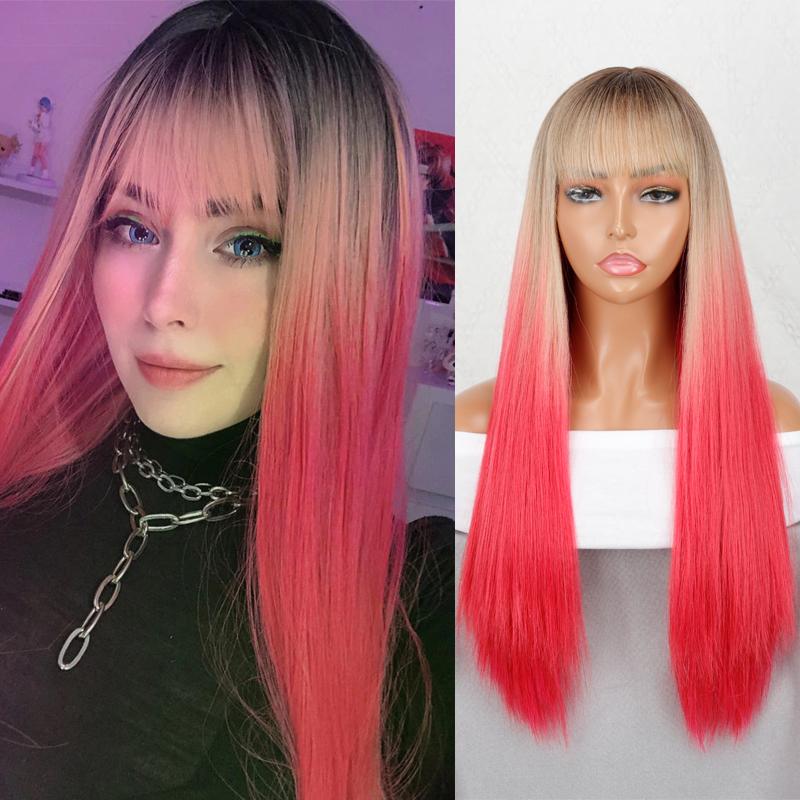 MISS WIG Длинные прямые волосы из натурального термостойкого волокна, черный парик для женщин, повседневные парики, розовые, красные парики для косплея