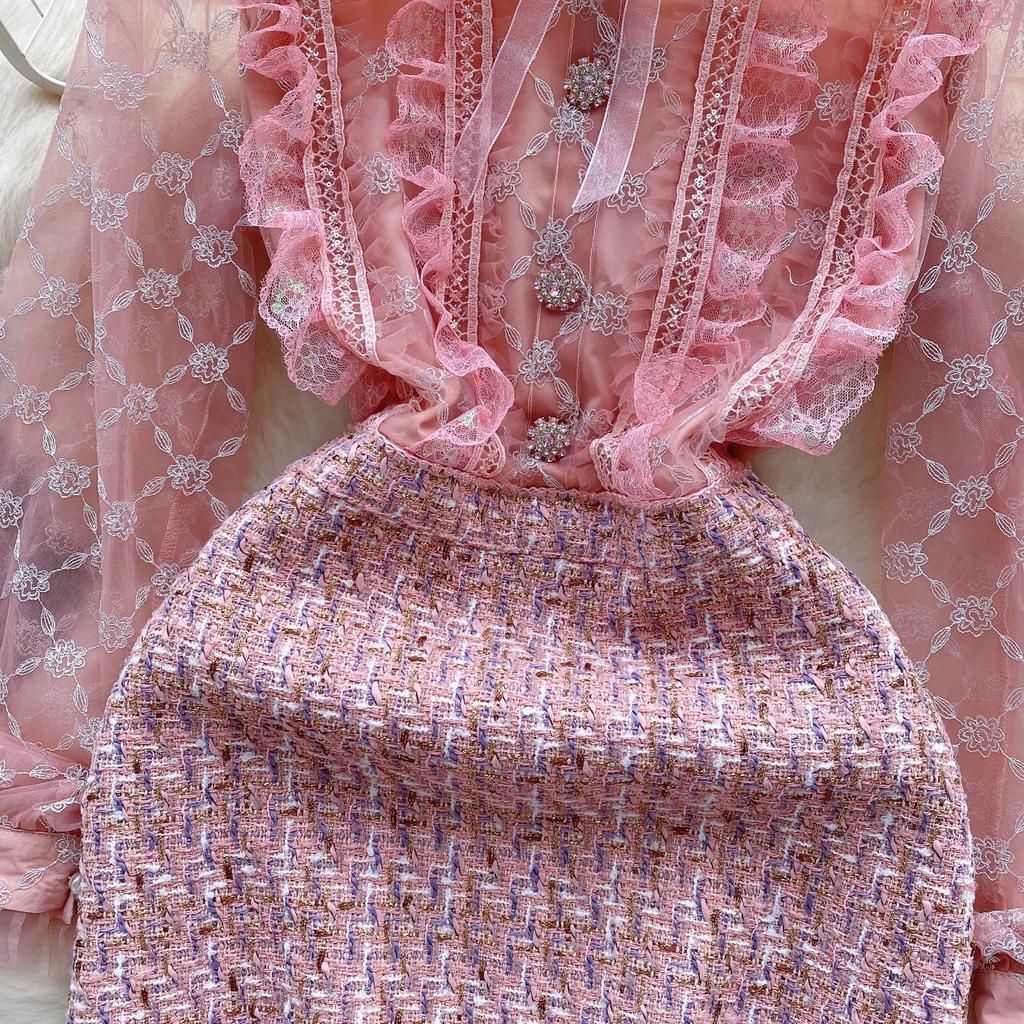 Новые весенние женские сетчатые твидовые вечерние платья в клетку с вышивкой, роскошное розовое мини-короткое платье с вышивкой бисером и бриллиантами