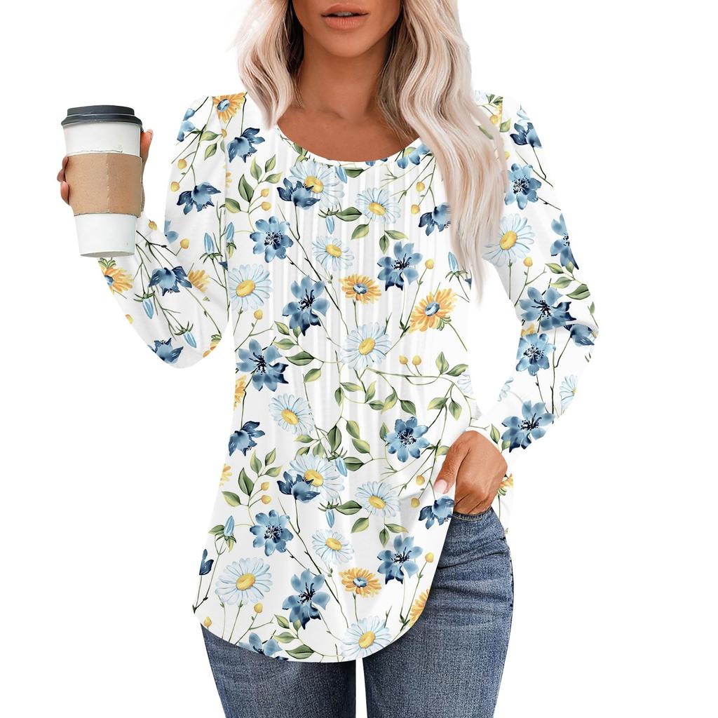 Рубашки с длинным рукавом для женщин, топы, нарядные повседневные блузки, плиссированные топы-туники с круглым вырезом