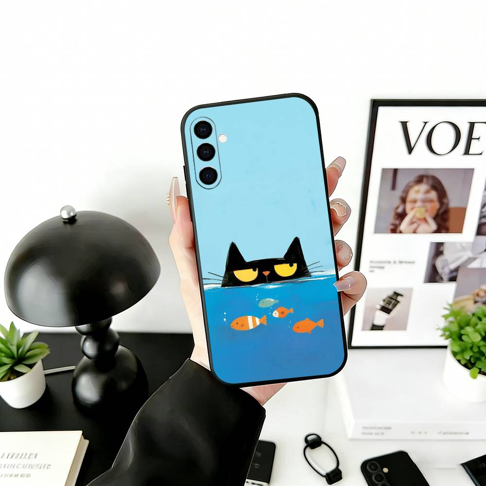 Милая иллюстрация черного кота Чехол для телефона для Samsung Galaxy A73, A72, A71, A70, A53, A52, A51, Мягкий силиконовый черный чехол