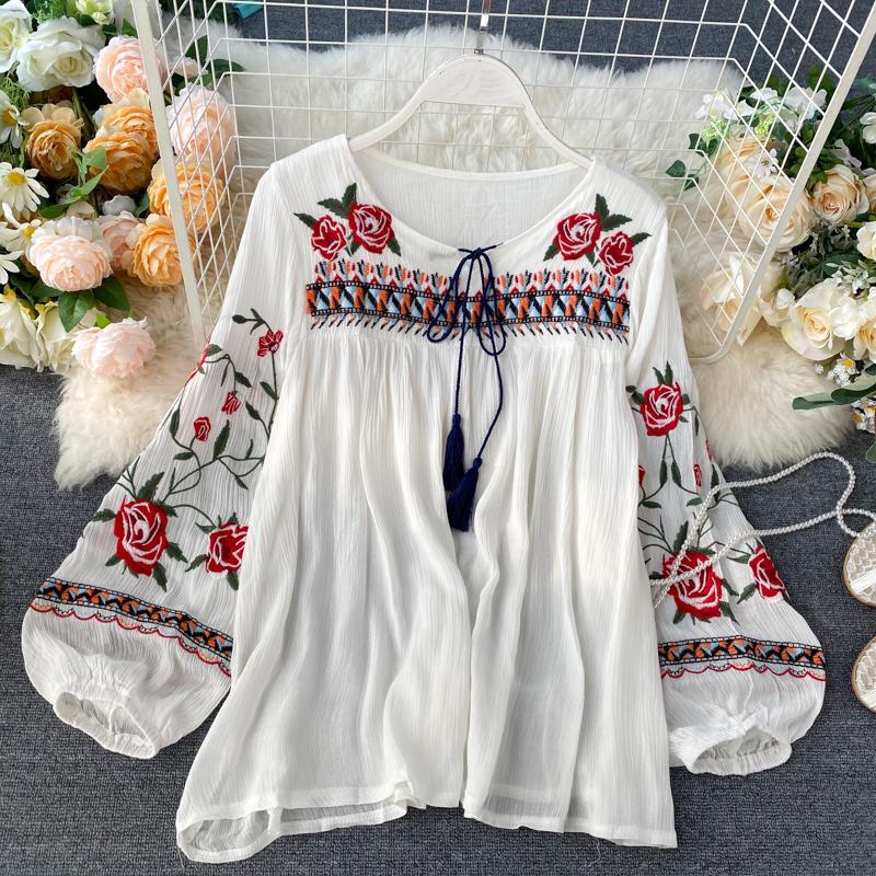 RUGOD Весенне-осенний праздник, этнический стиль, ретро, ​​тяжелая промышленность, вышивка, цветы, зарубежный стиль, рукава-фонарики, свободный универсальный топ