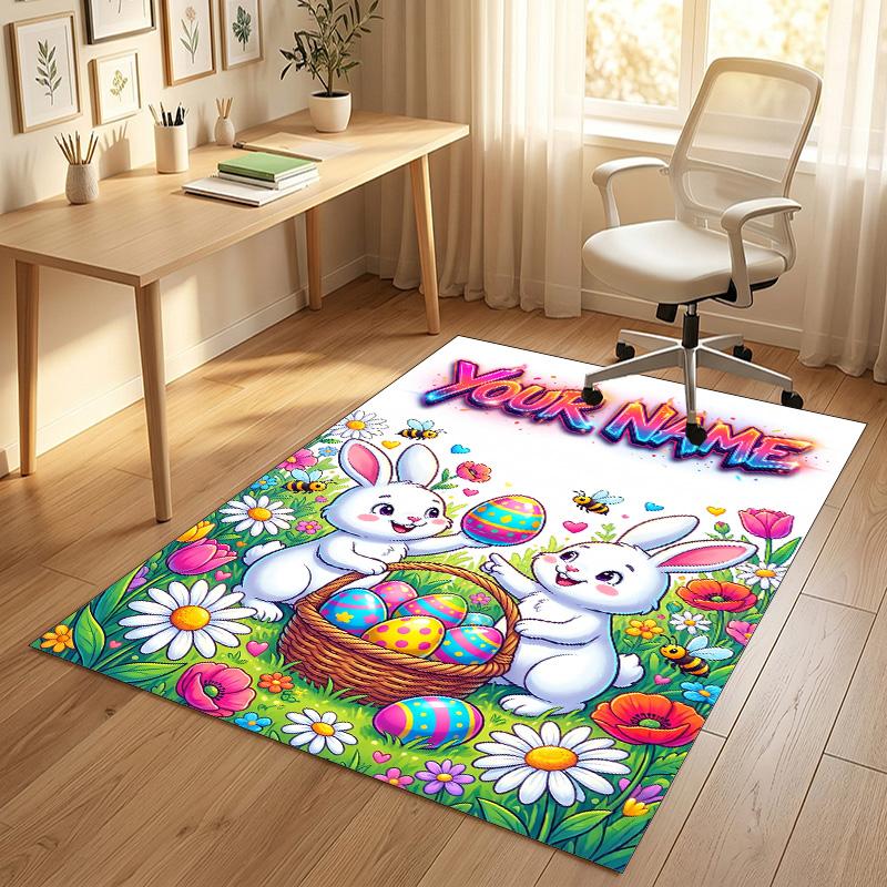 Easter Bunny Theme Crystal Velvet Rug Personalized Custom Name Text Soft Floor Mat Home Decor