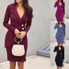 Women's Solid Color Long Sleeve V-neck Button Slim Zipper Suit Dress Casual Office