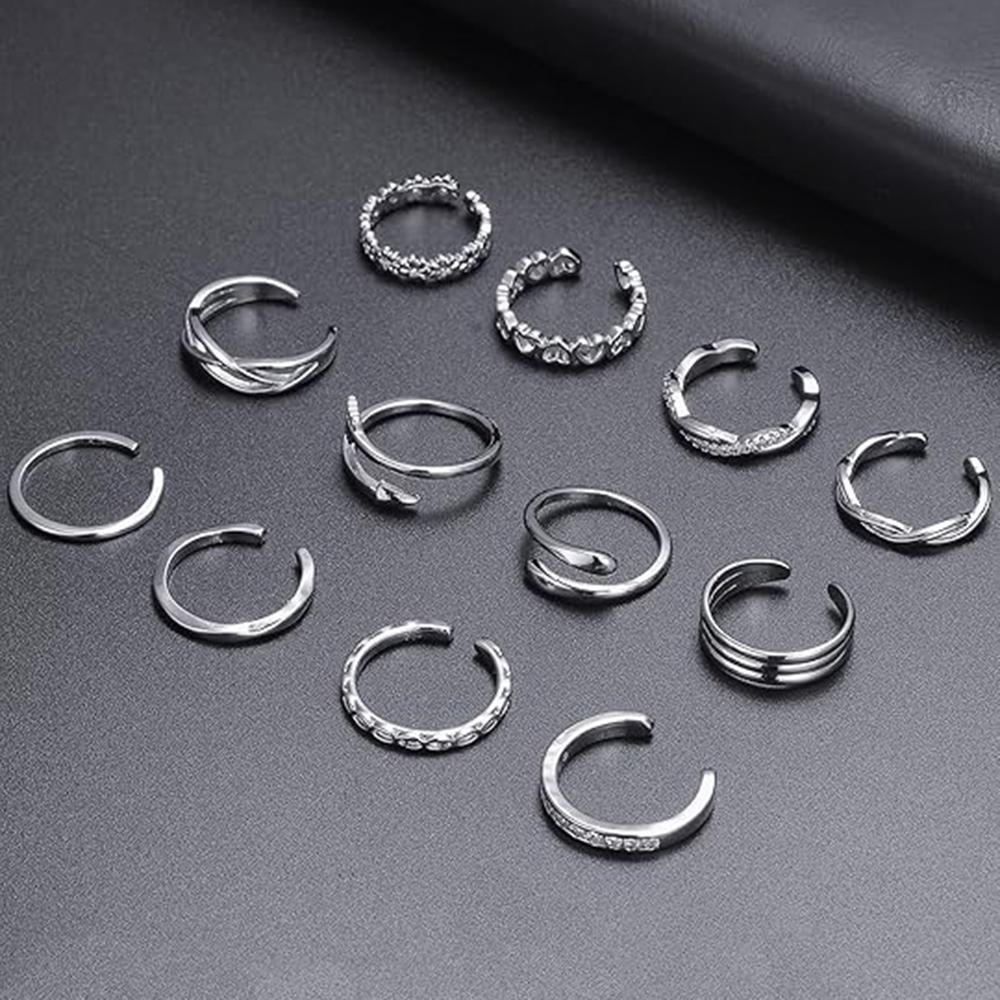 12PCS 18k Silver Plated Open Toe Rings Vintage Knuckle Finger Stacking Pack Summer Beach Foot Jewelry for Women Adjustable
