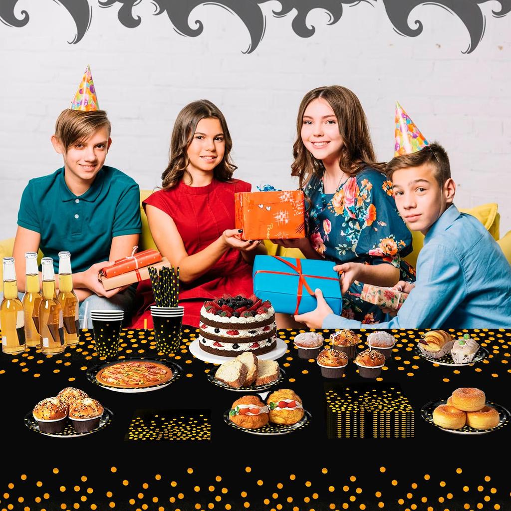 193pcs Black Gold Party Tableware, Black and Gold Dot Paper Party Tableware Set - Black and Gold Paper Plates and Cups Napkins Tablecloth etc