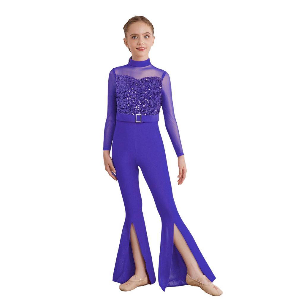 Bell-Bottom Jumpsuit for Girls: Mock Neck Long Sleeve with Sequins Bodice, Sheer Mesh & Back Cutout for Competition