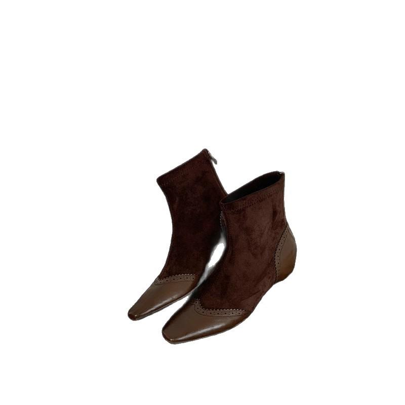 Square Head Splicing Short Tube Fashion Boots Versatile British Style Commuting with Skirt Personality Thick Heel Thin Comfortable Martin Boots