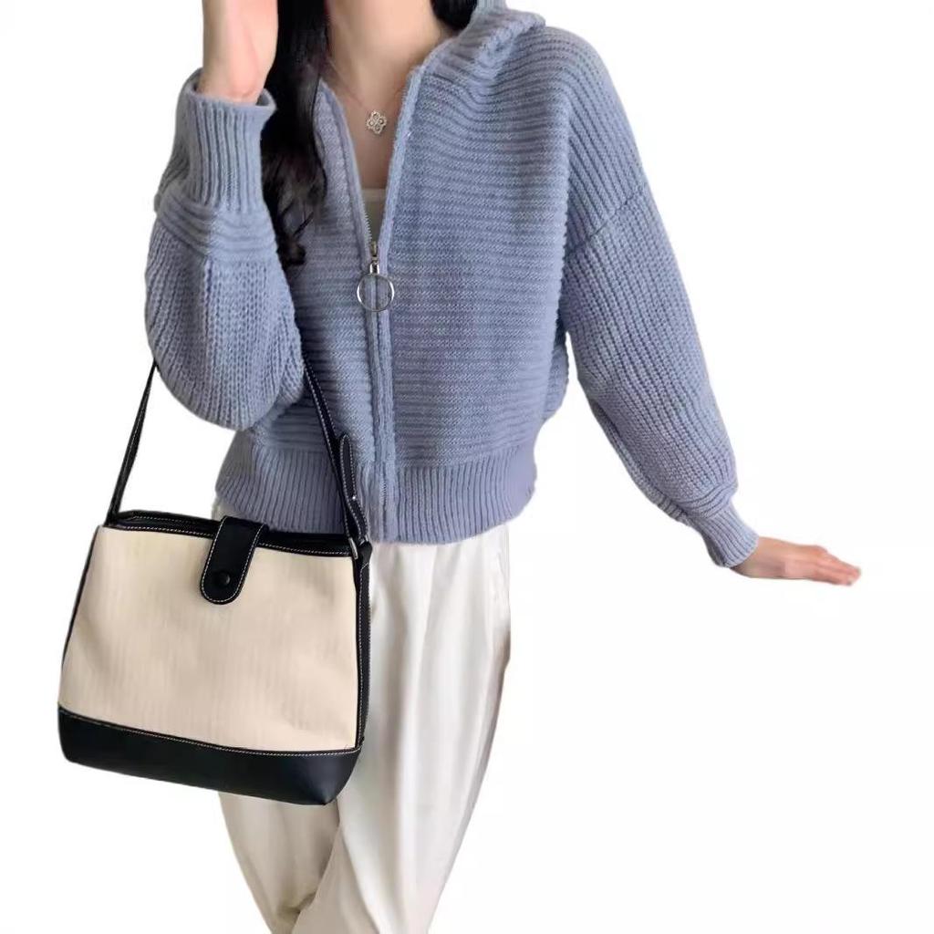 New Korean Lazy Style Loose Zipper Lapel Sweater Jacket, Versatile Knitted Cardigan for Women