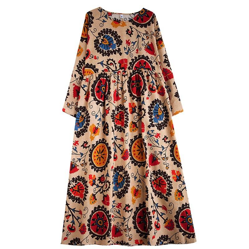 Круглый вырез с длинным рукавом Богемная одежда ретро осень хлопок льняные платья винтажное повседневное цветочное принтованное длинное платье для женщин