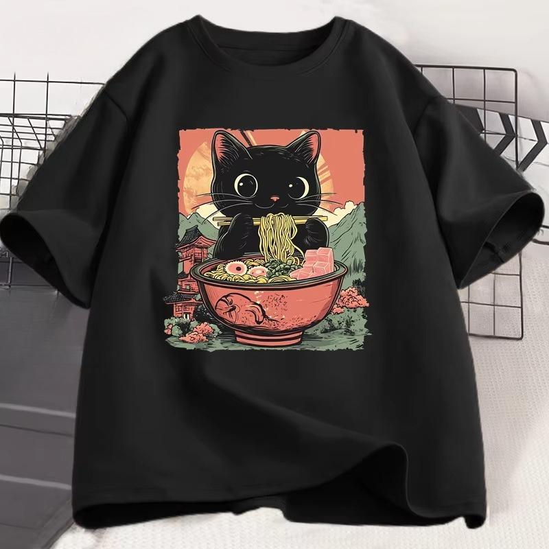 Cute Black Cat Eating RaUnisex TShirt Unisex WOMEN Adorable Graphic Tee Shirt Foodie and Cat Lover Tshirt Animal Printed Tees Top