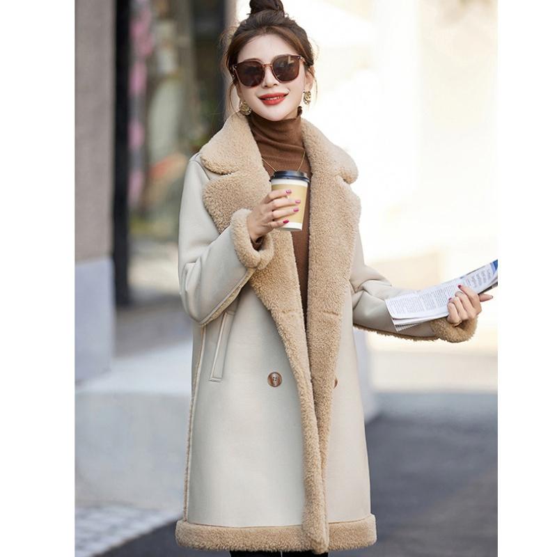 Женское универсальное пальто из замши ягненка, зимнее бархатное утолщенное пальто средней длины с мехом ягненка