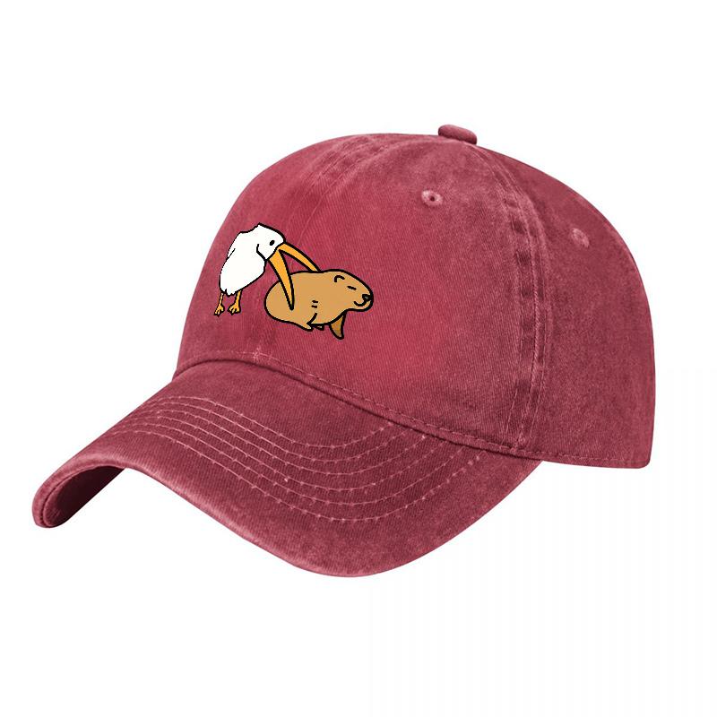 Washed Cotton Baseball Cap with Humorous Pelican and Beaver Design Unisex Adjustable Hat for Outdoor Activities and Casual Wear