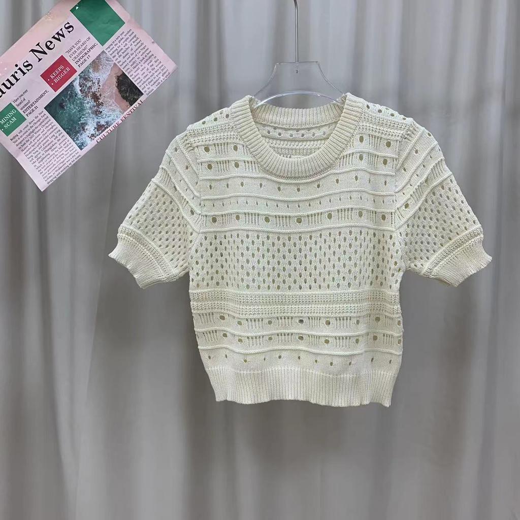 Весенне-летний дизайн Sense Hollowed Out Foreign Gas Bubble Sleeve Short Triam Shirt Thin Universal Round Neck Tops Women Casual Pullovers Tees