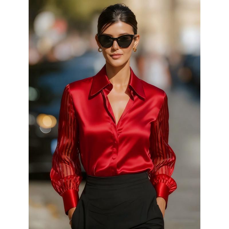 2026 Новая Элегантная Сетчатая Пэчворк Рубашка с Длинным Рукавом для Офиса Весна Осень Свободная Повседневная Женская Атласная Блузка Модная С Воротником Однотонные Топы Одежда