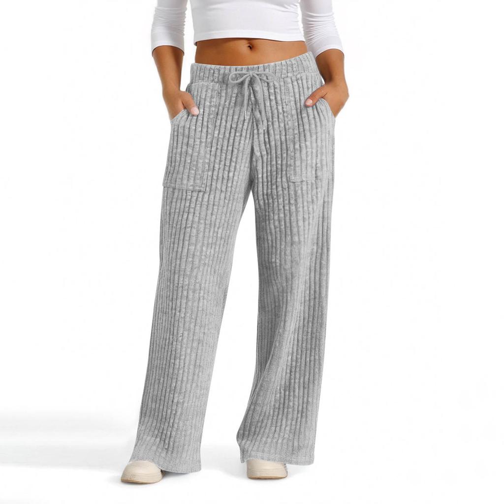 Womens Casual Wide Leg Elastic Waist Ribbed Knit Loose Bottoms With Pockets Soft Pants