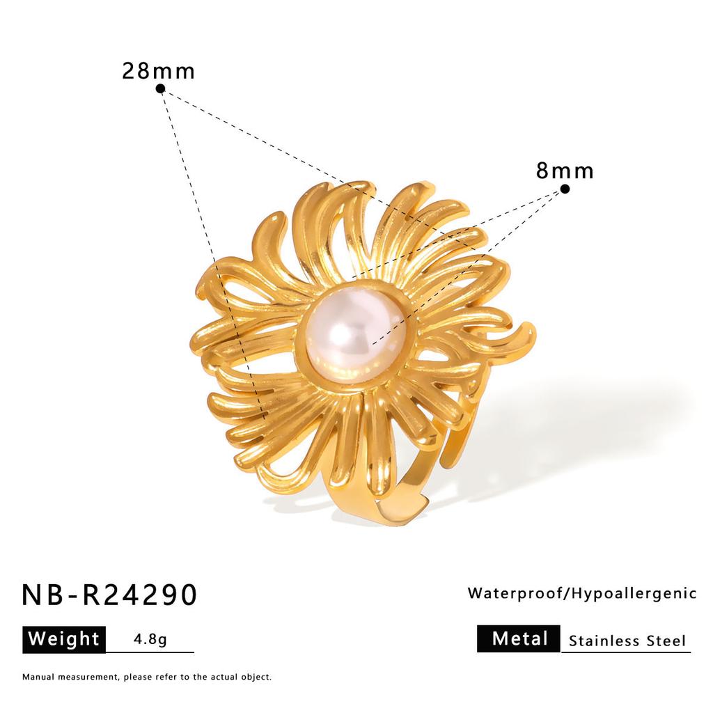 18K Gold Plated Stainless Steel Flower Pearl Ring, Custom Vintage Statement Ring for Cocktail Party Birthday Gift