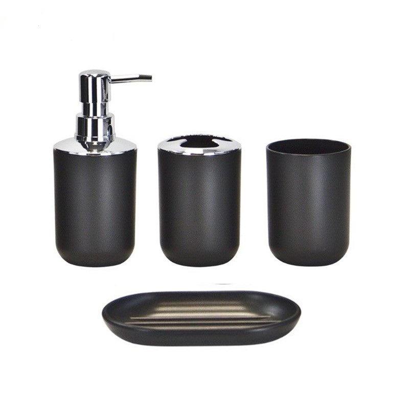 6-Piece Bathroom Set: Trash Can, Toilet Brush, Lotion Bottle, Toothbrush Holder, Soap Dish, and Countertop Decor.