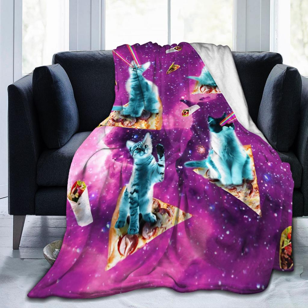 Outer Space Pizza Cat Rainbow Laser Eyes Blanket Flannel Winter Portable Soft Throw Blanket for Bedding