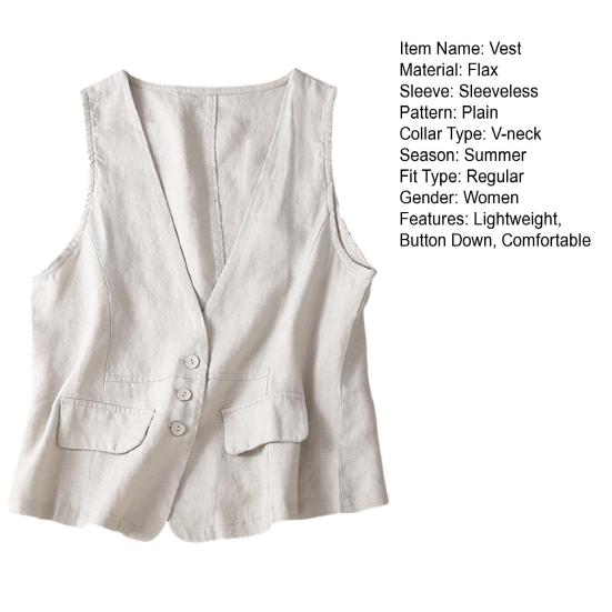 Женский льняной жилет без рукавов, легкий летний жилет с v-образным вырезом на пуговицах, женские аксессуары