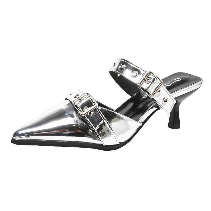 Модные женские тапочки с острым носком и универсальными каблуками-шпильками Baotou Spring Silver Outdoor Slippers для женщин