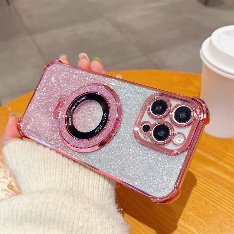 Luxury Glitter Holder Bracket Case For iPhone 17 Air 16 15 14 13 12 11 Pro Max 16 Plus Stand Shockproof Clear Soft Back Cover