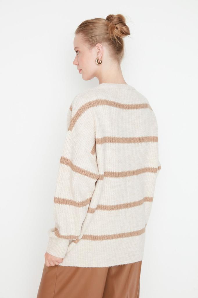 Women's Fashionable Stylish Cardigan Black Wide Fit Soft Textured Striped Knitwear Cardigan