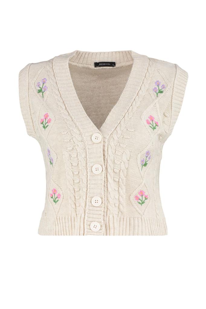 Women's Elegance Style Sweater Stone Flower Embroidery Detailed Knitwear Vest