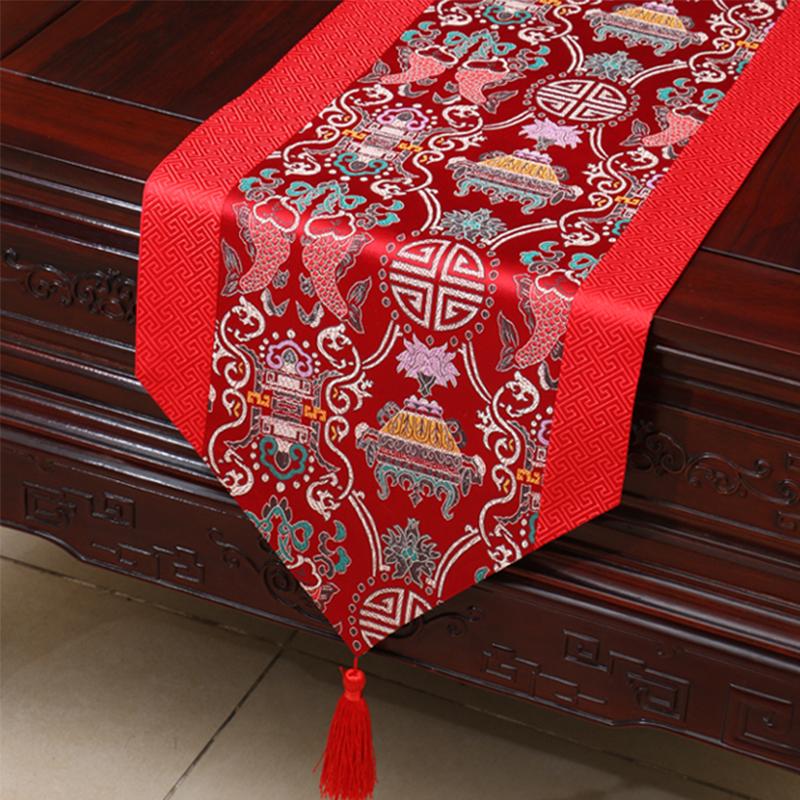 Chinese Silk Dragon Phoenix Floral Table Runner with Tassels and Lace Wedding Decor Centerpiece