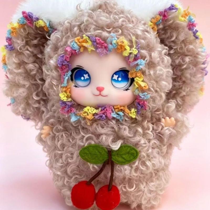 Curly Fur Plush Doll Keychain Cute Brown Fluffy Ears Bow Decor Washable Bag Pendant for Backpack School Bag Ornament