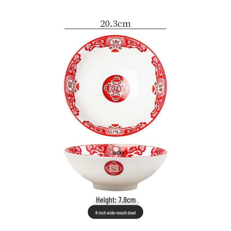 Retro Ceramic Soup & Noodle Bowl Set: Stir-fried Pork Bowl, Good Luck Stir-fry Plate, Snack Plate, Kitchen Utensils