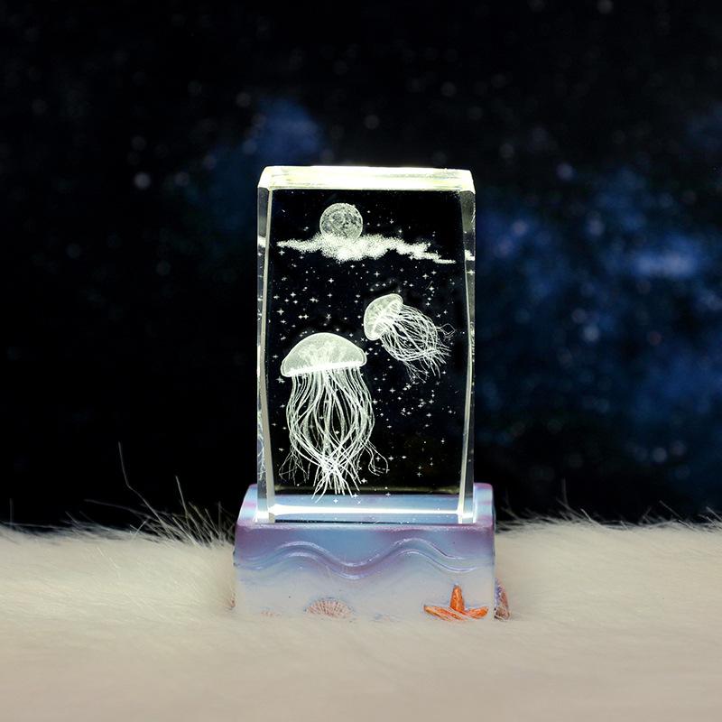 3D Laser Engraved Crystal Cube Night Light, Resin Sea Base LED Lamp, Bedroom Decor Birthday Gift