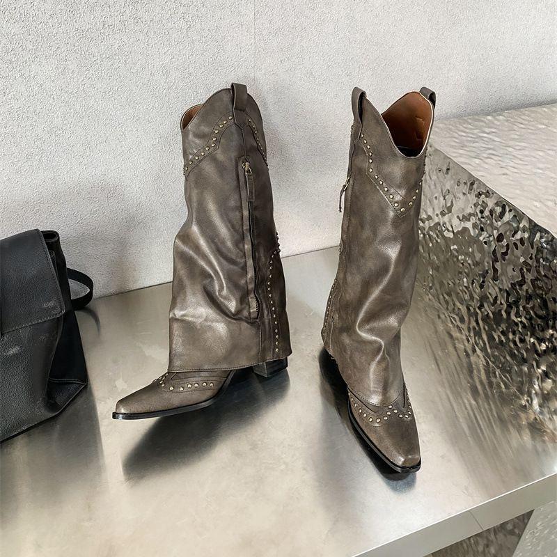 Autumn and Winter New Retro Willow Western Boots Women's Brown Rivet Trouser Tube Boots Versatile Thick Heel Boots Tide