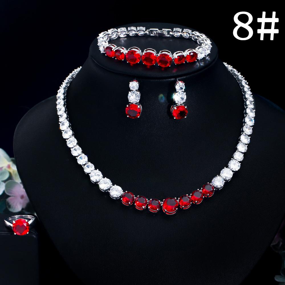 CMM 4PS Роскошный комплект свадебных украшений, ожерелье, кольцо, серьги, браслет, сапфировый цвет/рубиновый цвет, цирконий