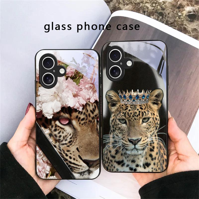 Цветочный Леопардовый Тень Для iPhone 17 Air 16 E 15 Plus 14 Pro Max 13 12 mini 11 5 6 7 8 Plus XR XSMax SE Черный Стеклянный Чехол для Телефона